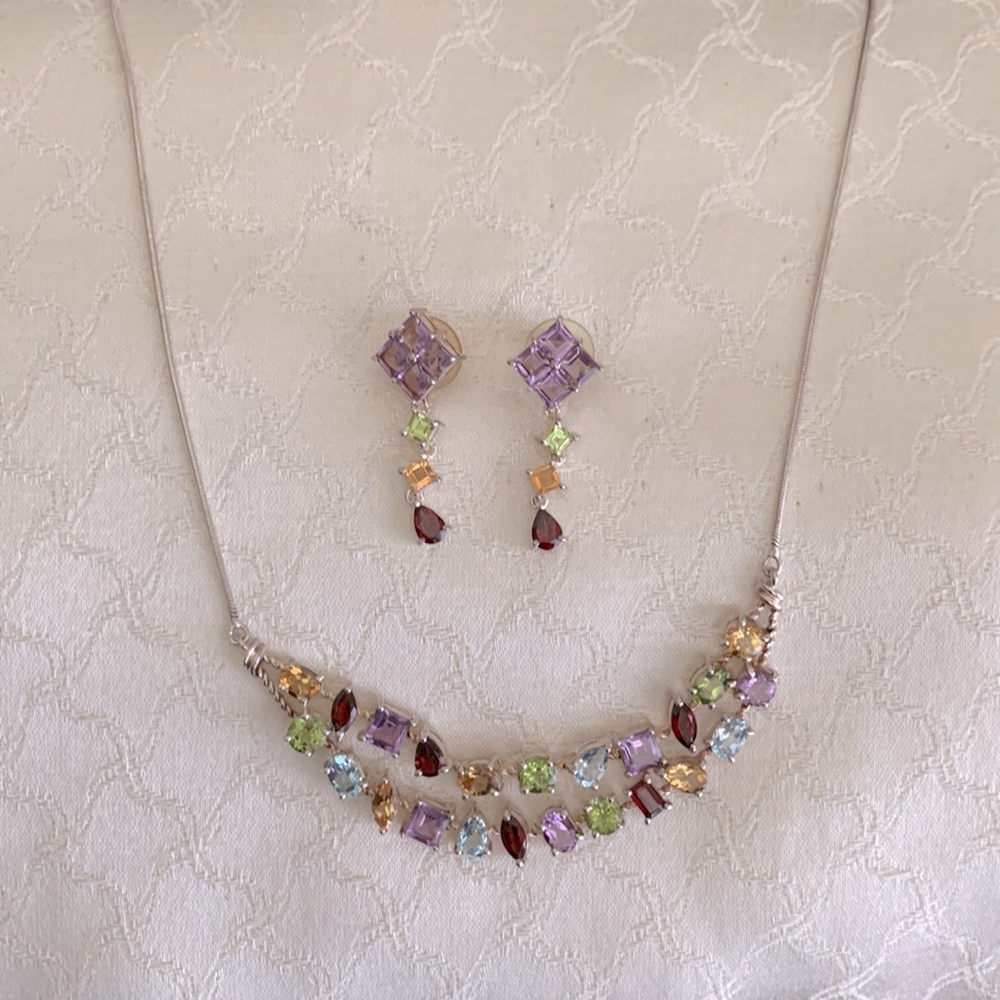 925 silver necklace and earrings with gem stones set